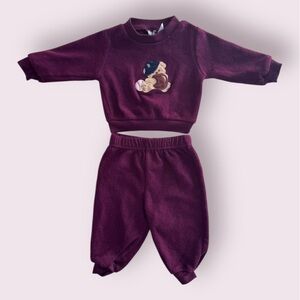 Retro Burgundy Baby Fleece Set with Baseball Bear Embroidery